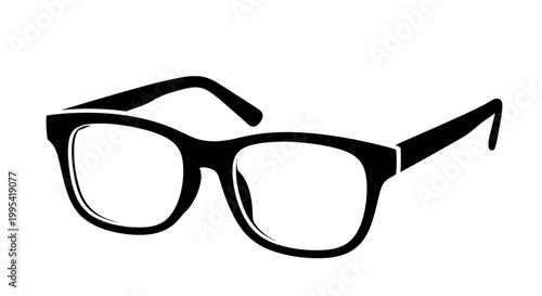 A minimalist vector graphic illustration of a pair of black glasses with clear lenses on a white background