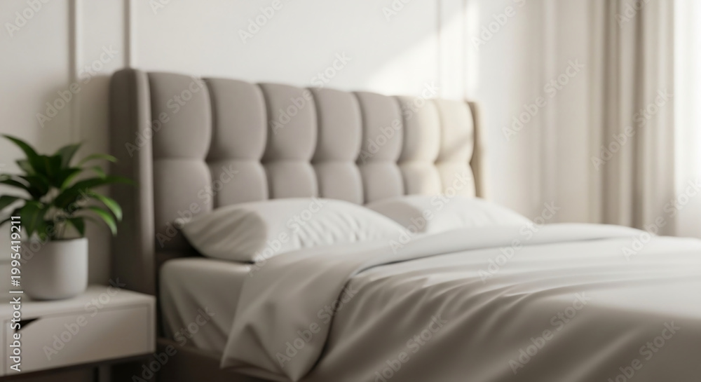 Fototapeta premium Luxurious bedroom interior with a soft blurred background, providing generous copy space, perfect for an advertising hero banner or sample display