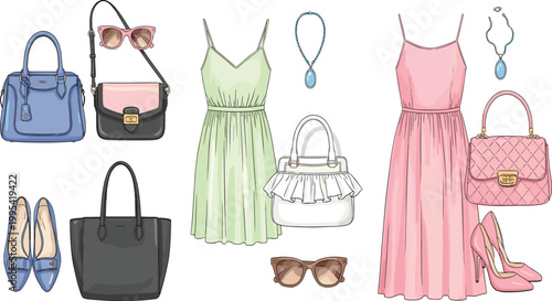 Fashionable collection of women summer outfits including elegant dresses handbags high heels flat shoes sunglasses and jewelry for modern feminine lifestyle apparel catalog