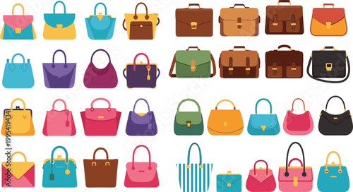 Comprehensive collection of various women fashion handbags purses tote bags and professional leather briefcases in different colors and styles for retail shopping catalog.