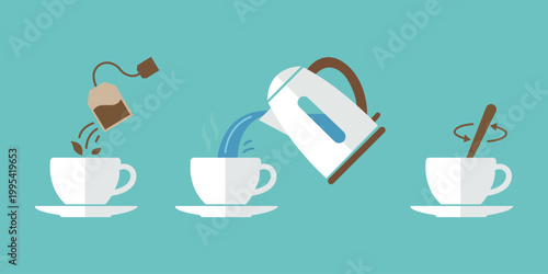Tea Brewing Process: An animated illustration captures the steps of tea brewing: a tea bag descends into a teacup, followed by water pouring from a kettle, and finally, a stir with a spoon.