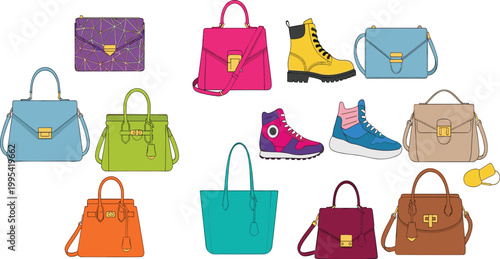 Fashionable collection of colorful women handbags purses tote bags high top sneakers and work boots for retail or shopping catalog with geometric pattern details.