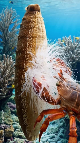 Colorful underwater scene featuring a sea cucumber and a crab among vibrant coral reef ecosystems
