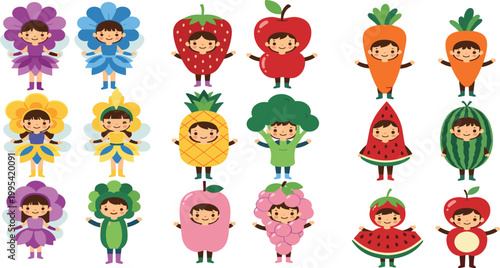 Large set of cute children characters in organic fruit vegetable and flower costumes including apple strawberry grape broccoli carrot watermelon and pineapple for healthy food education stickers