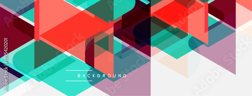 Abstract geometric shapes overlap. Red, teal, purple hues dominate design. Modern background texture creates dynamic visual effect.