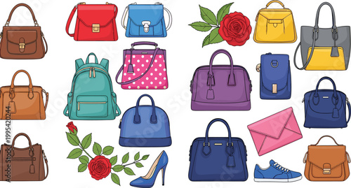 Fashionable collection of women leather handbags purses shoulder bags backpack and elegant high heel shoes with rose flower accents for modern lifestyle apparel shopping catalog.