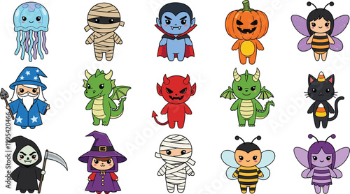 Large set of cute children and monster characters in Halloween costumes including mummy vampire pumpkin wizard dragon devil witch reaper and honeybee for spooky holiday stickers.