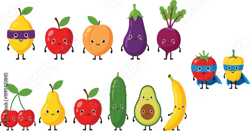 Large set of cute fruit and vegetable mascot characters including superhero versions for healthy food education and organic produce advertising stickers.