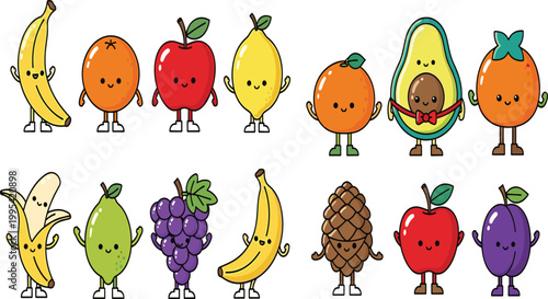 Large set of cute fruit mascot characters including banana apple orange lemon avocado grape plum and pineapple for organic healthy food education and commercial stickers.
