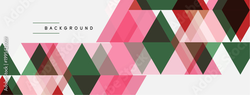 Abstract geometric pattern. Triangles overlap, creating colorful background. Pink, green, brown hues dominate design. Simple, modern aesthetic.