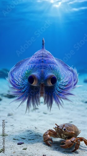 Colorful deep sea creature with vibrant fins and crab on sandy ocean floor, illuminated by ethereal sunlight from above