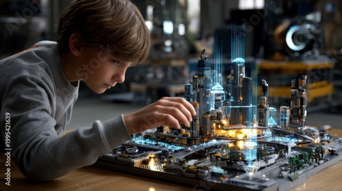 Gen alpha child constructs an advanced lego-style ar city on a tablet in a high-tech environment
