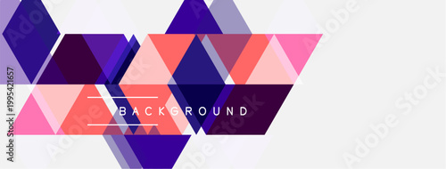 Abstract geometric shapes overlap, creating vibrant background. Pink, purple, coral hues dominate design. Minimalist text present.