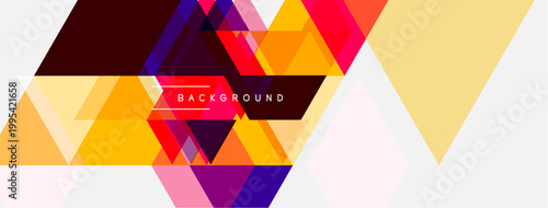 Abstract geometric shapes create vibrant background. Triangles overlap, forming dynamic composition with warm, cool hues. Modern design element.