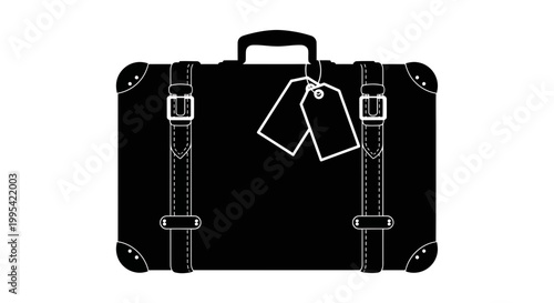 A minimalist vector graphic of a black suitcase with white outlines and tags