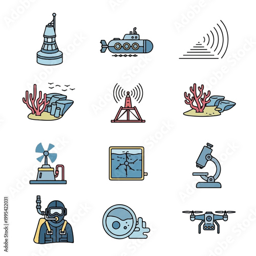 Collection of marine science and technology icons.