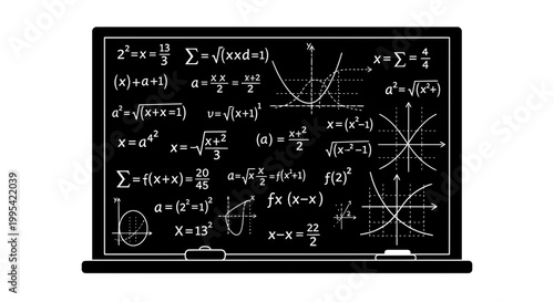 A vector graphic illustration of a blackboard filled with complex mathematical equations and formulas