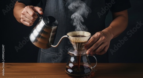 Coffee Brewing Process with Steam Rising from Fresh Liquid