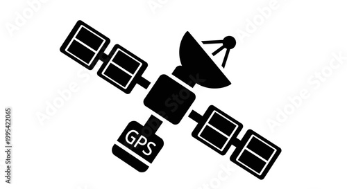A black and white vector graphic illustration of a GPS satellite in space