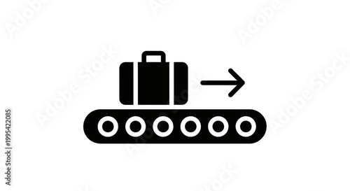A minimalist vector graphic of a luggage conveyor belt with suitcases and an arrow