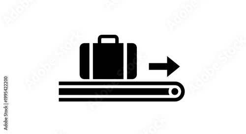 A minimalist vector graphic of a suitcase on a luggage carousel with an arrow pointing to the right