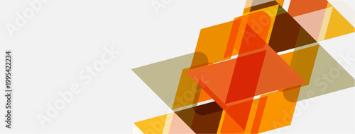 Abstract geometric shapes overlap, creating dynamic composition. Warm colors dominate, with orange, brown, beige hues present. Minimalist design.
