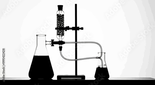 A minimalist vector graphic illustration of a laboratory distillation setup in black silhouette