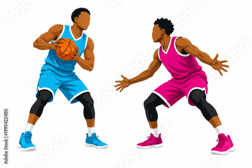 Two basketball players competing for the ball