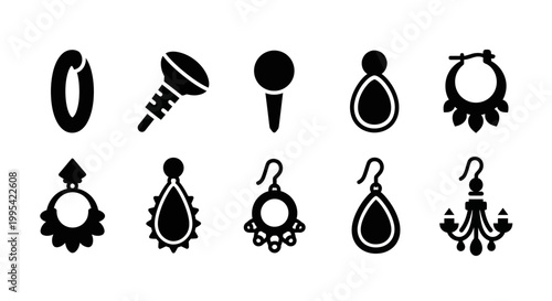 A set of black silhouette icons representing various types of jewelry and accessories