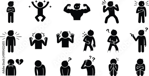 Foto Vector Icon Set of Stick Figure Characters Expressing Various Human Emotions and