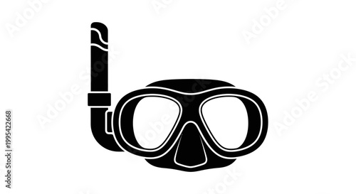A black and white vector graphic illustration of a scuba diving mask and snorkel