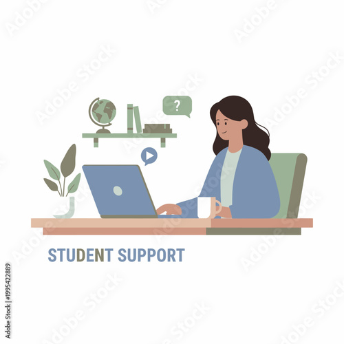 Student Support Assistant Helps Learner At Desk With Laptop.