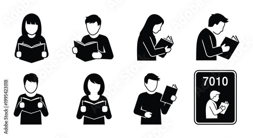 People reading books in various poses depicted as simple black silhouettes