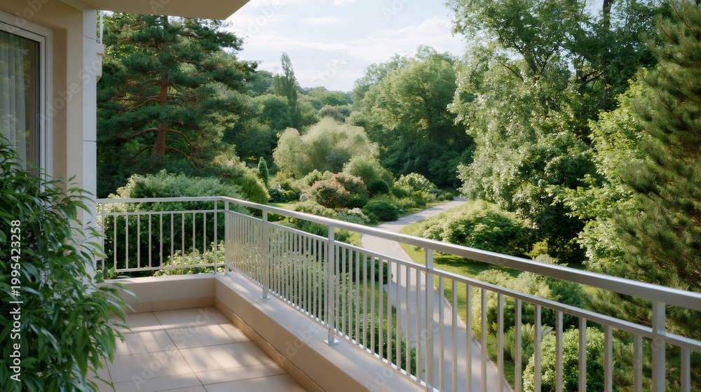 Obraz premium Balcony overlooking tranquil green park with winding path