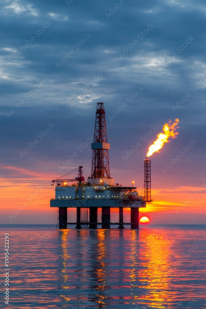 Obraz premium Offshore oil rig with gas flare at sunset in ocean