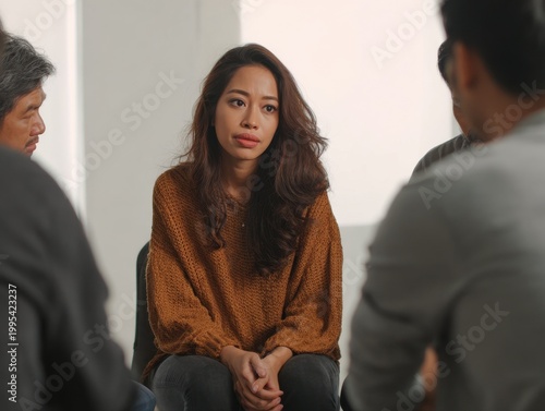 Filipina woman sharing emotions in support group setting with diverse individuals