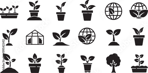 Flat icons of plant growth and environmental sustainability isolated on transparent background, Vector