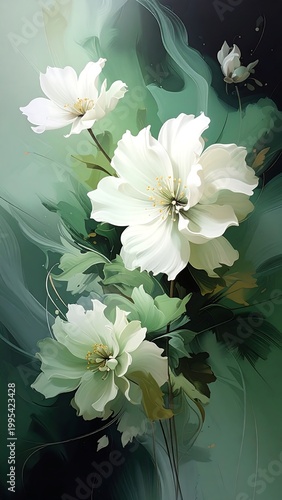 Close-up of large, white floral blossoms against a misty green backdrop
