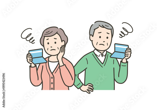 通帳を見て年金や貯金や老後資金に悩む高齢者夫婦
