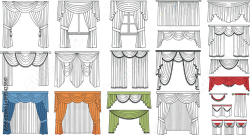 Curtains and drapes vector set with classic window treatments valances and elegant fabric decor line and flat illustration collection
