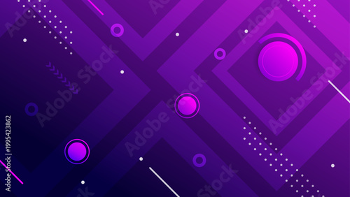 Modern purple and violet gradient background with layered geometric squares glowing circles and dots pattern for technology or gaming banner