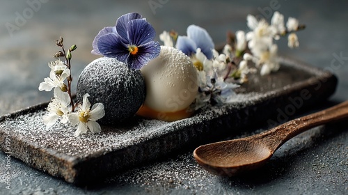 Elegant Gourmet Spherical Dessert with Delicate Edible Flower Garnish and Powdered Sugar on Dark Plate for Fine Dining Cuisine Presentation