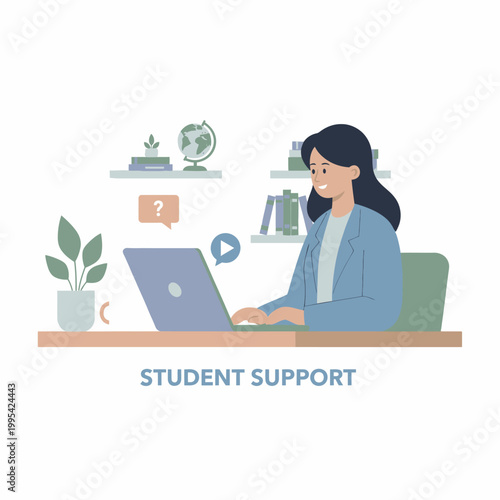 Student support specialist assisting student at laptop desk.