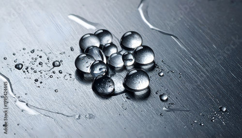 Close up of water droplets on a metallic surface.
