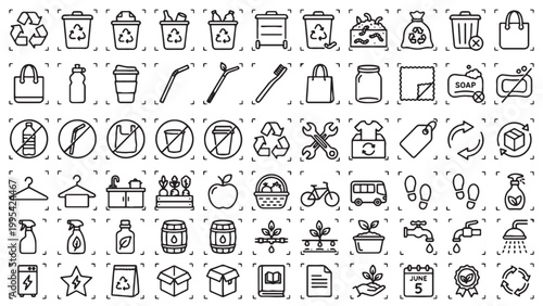 Waste management, recycling, and eco-friendly lifestyle outline icon set for environmental app, sustainability campaign, or green platform design