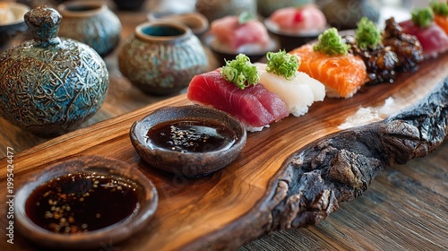 Gourmet Fresh Assorted Nigiri Sushi Platter with Soy Sauce and Ceramic Bowls on Rustic Wooden Board