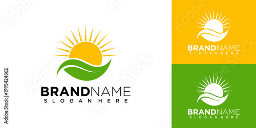 A stylized sun rises over a green leafy hill with a bold brand name and slogan in a modern logo design.