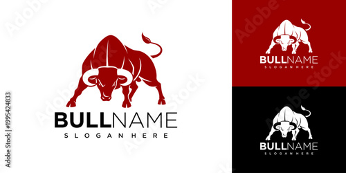 A powerful bull charges forward in a bold logo design on a red background.