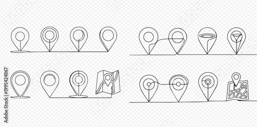 Continuous line drawing of location pins and map for navigation and travel.