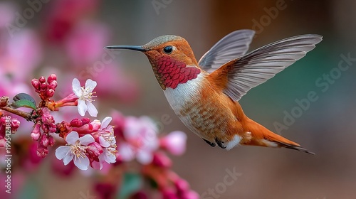 Vibrant Natural Close-up Rufous Hummingbird in Mid Flight Near Pink Blossom Spring Flower Scene